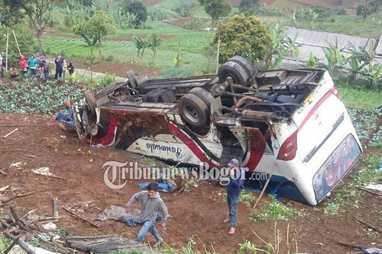 Bangkai bus yang menewaskan belasan orang di Puncak, Cianjur saat masih berada di tengah perkebunan warga.