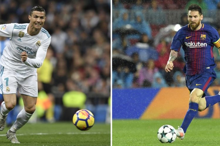 Megabintang Real Madrid, Cristiano Ronaldo, dan ujung tombak FC Barcelona, Lionel Messi.