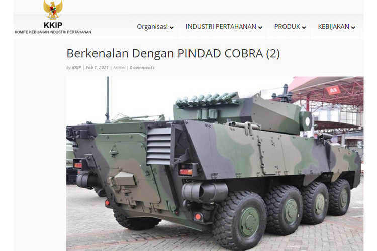 Tangkapan layar laman Komite Kebijakan Industri Pertahanan (KKIP) yang mengulas tentang kendaraan tempur Pindad Cobra.