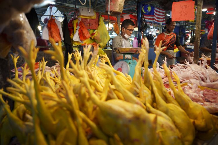 Seorang penjual menyiapkan ayam yang baru dipotong di pasar basah Kampung Baru di Kuala Lumpur, Malaysia, Selasa, 31 Mei 2022. 
