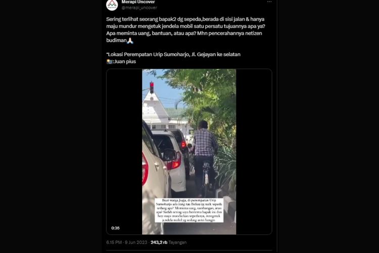 Warganet mengeluhkan ulah seorang pria yang sering mengemis di jalanan Kota Yogyakarta. Video pria tersebut mengemis viral di media sosial sejak Jumat (9/6/2023).