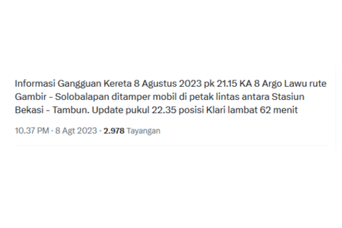 Kecelakaan KA Argo Lawu dengan Mobil di Bekasi, Ini Kata KAI