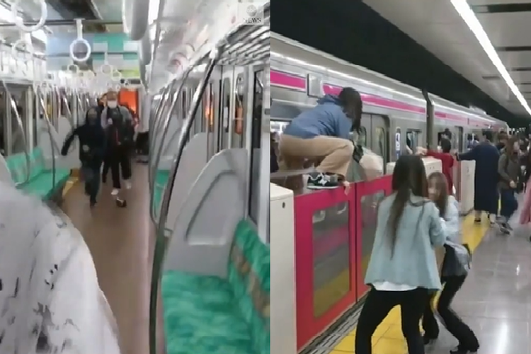 Tangkap layar insiden penusukan di kereta api Tokyo, Jepang. Penumpang berlari dari gerbong lain, di mana api menyembur dan banyak penumpang di antaranya melarikan diri melalui jendela kereta.