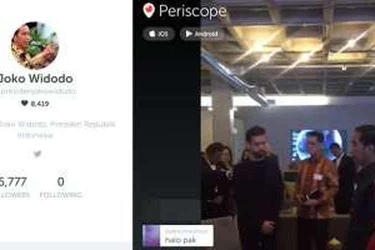 Presiden Joko Widodo menayangkan kunjungannya ke Twitter lewat video streaming periscope di akun @jokowi