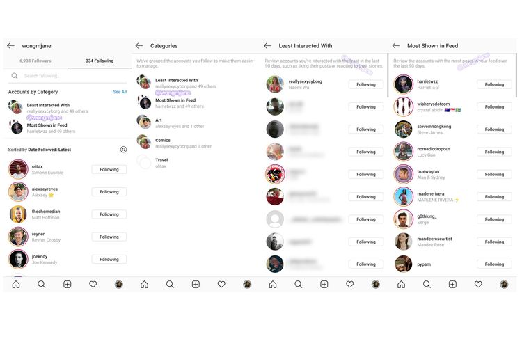 Ilustrasi fitur kategori daftar Following terbaru di Instagram