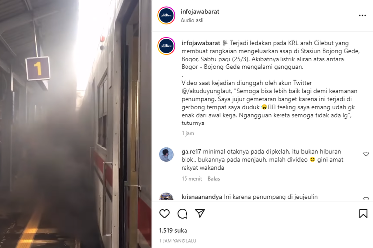 Tangkapan layar unggahan video bernarasi terjadi ledakan di kereta rel listrik (KRL) hingga mengeluarkan asap tebal di Stasiun Bojong Gede.