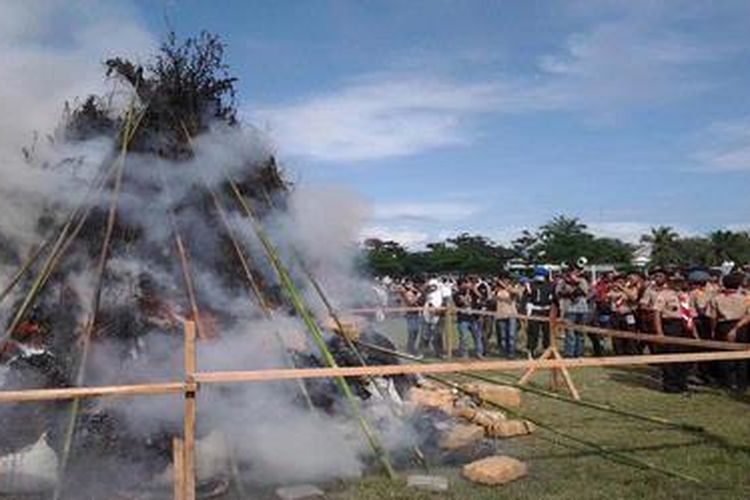 Sebanyak 5,1 ton ganja kering dimusnahkan di Lapangan Blang Padang, Banda Aceh, Rabu (17/10/2012) siang.