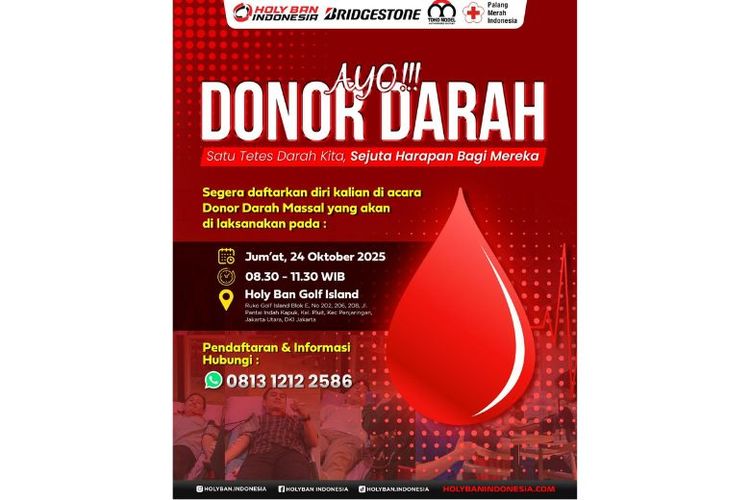 Holy Ban Golf Island PIK akan menggelar donor darah pada 24 Oktober 2025.