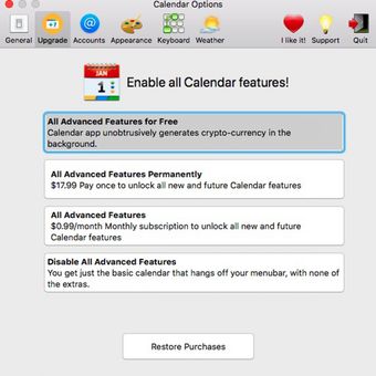 Tampilan aplikasi Calendar 2 dengan opsi pembayaran menggunakan cryptominer.