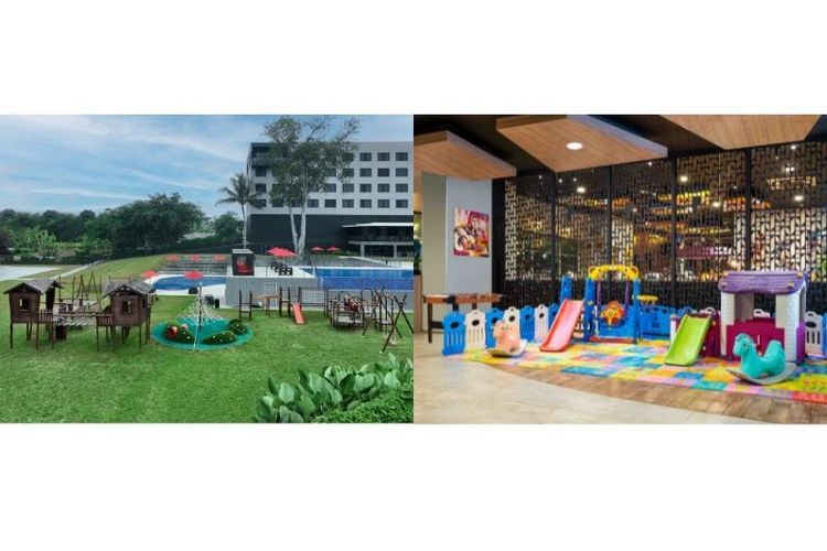 Dari kiri ke kanan: Taman bermain anak-anak di Aston Serang Hotel & Convention Center serta tempat bermain anak-anak di fave hotel Sidoarjo.