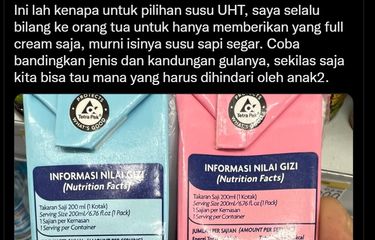 Tangkapan layar twit soal susu UHT rasa strawberry memiliki kandungan gula lebih tinggi ketimbang susu UHT full cream.
