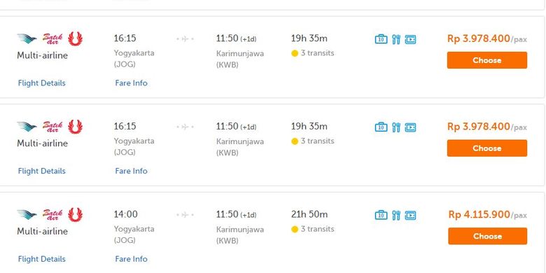 Daftar harga beberapa penerbangan ke Karimunjawa dari Yogyakarta.