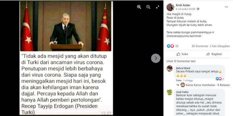 Tangkapan layar unggahan Facebook yang menyebarkan informasi Presiden Erdogan tak tutup masjid di Turki