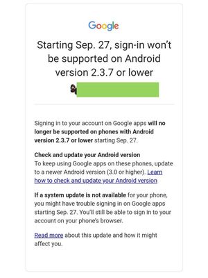 E-mail Google terkait kebijakan perusahaan soal ponsel dengan Android lawas.