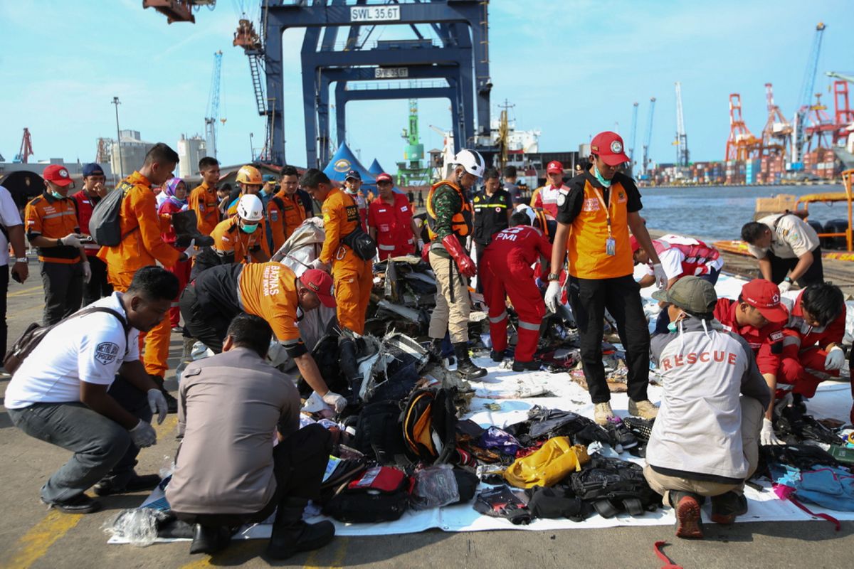 Petugas memilah serpihan pesawat dan barang penumpang pesawat Lion Air JT 610 di Dermaga JICT 2, Tanjung Priuk, Jakarta Utara, senin (29/10/2018). Pesawat Lion Air JT 610 rute Jakarta - Pangkal Pinang jatuh di perairan Pantai Karawang, Jawa Barat. Pesawat membawa yang jatuh di perairan Pantai Karawang mengangkut 181 penumpang.