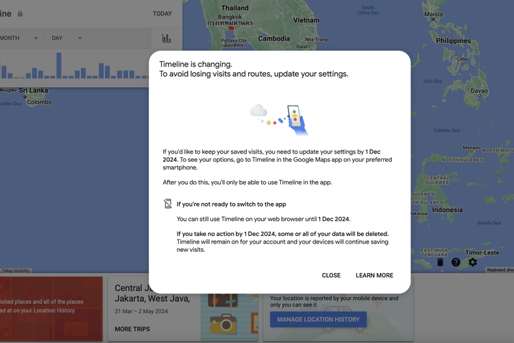 Notifikasi perubahan fitur Timeline Google Maps di website yang bakal dialihkan ke aplikasi
