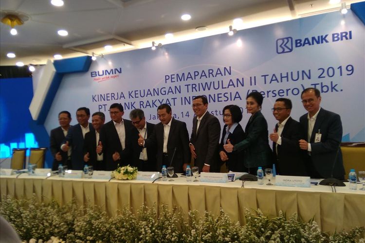 Jajaran direksi Bank BRI dalam paparan kinerja keuangan semester I 2019 di Jakarta, Rabu (14/8/2019).