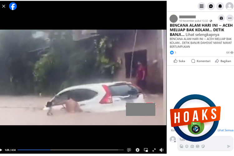 Tangkapan layar unggahan dengan narasi hoaks di sebuah akun Facebook, 18 November 2023, soal  tumpukan mayat akibat banjir di Aceh.