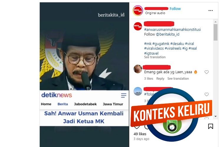Tangkapan layar Instagram narasi yang menyebut Anwar Usman resmi kembali menjadi Ketua MK