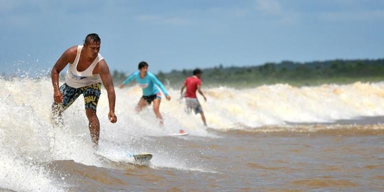 Ombak Bono di Sungai Kampar, Riau. Berselancar di sungai ini sangat menantang.