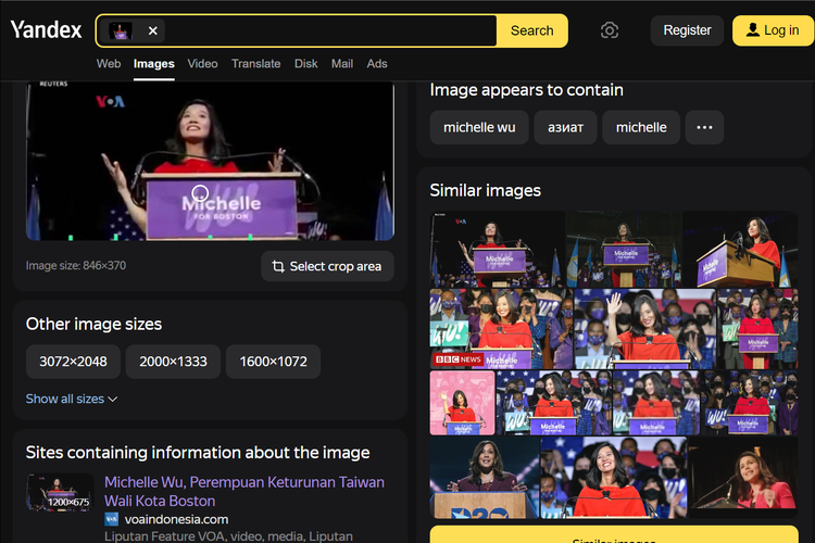 Tangkapan layar pencarian gambar di Yandex, sial video Walikota Boston, Michelle Wu.