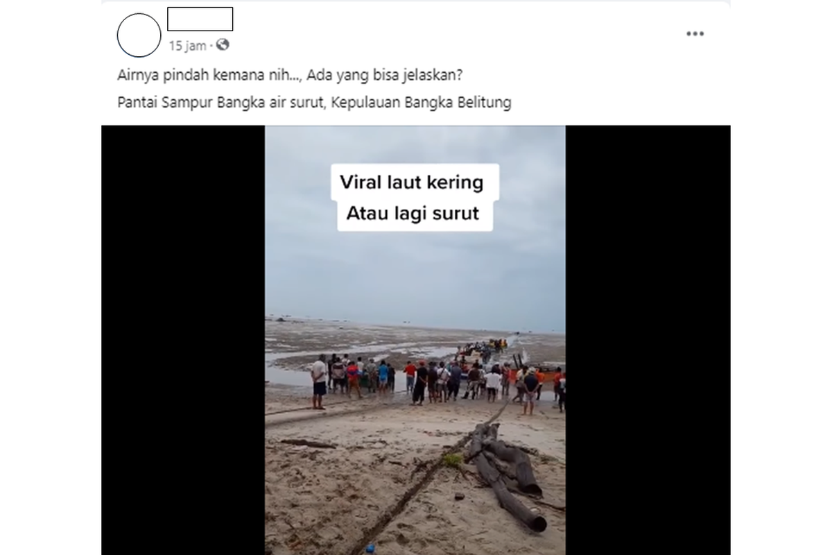 Tangapan layar video viral air laut surut dan kering di Pantai Sampur, Kepulauan Bangka Belitung (Babel). Warganet pun mengaitkan fenomena air laut surut itu sebagai pertanda datangnya gelombang tsunami.