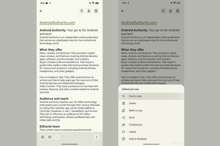 Tangkapan layar letak fitur pencarian Find in note di aplikasi Google Keep. Media Android Authority menemukan fitur pencarian tersebut melalui proses pembongkaran APK atau APK Teardown pada Android versi 5.25.282.00.90.