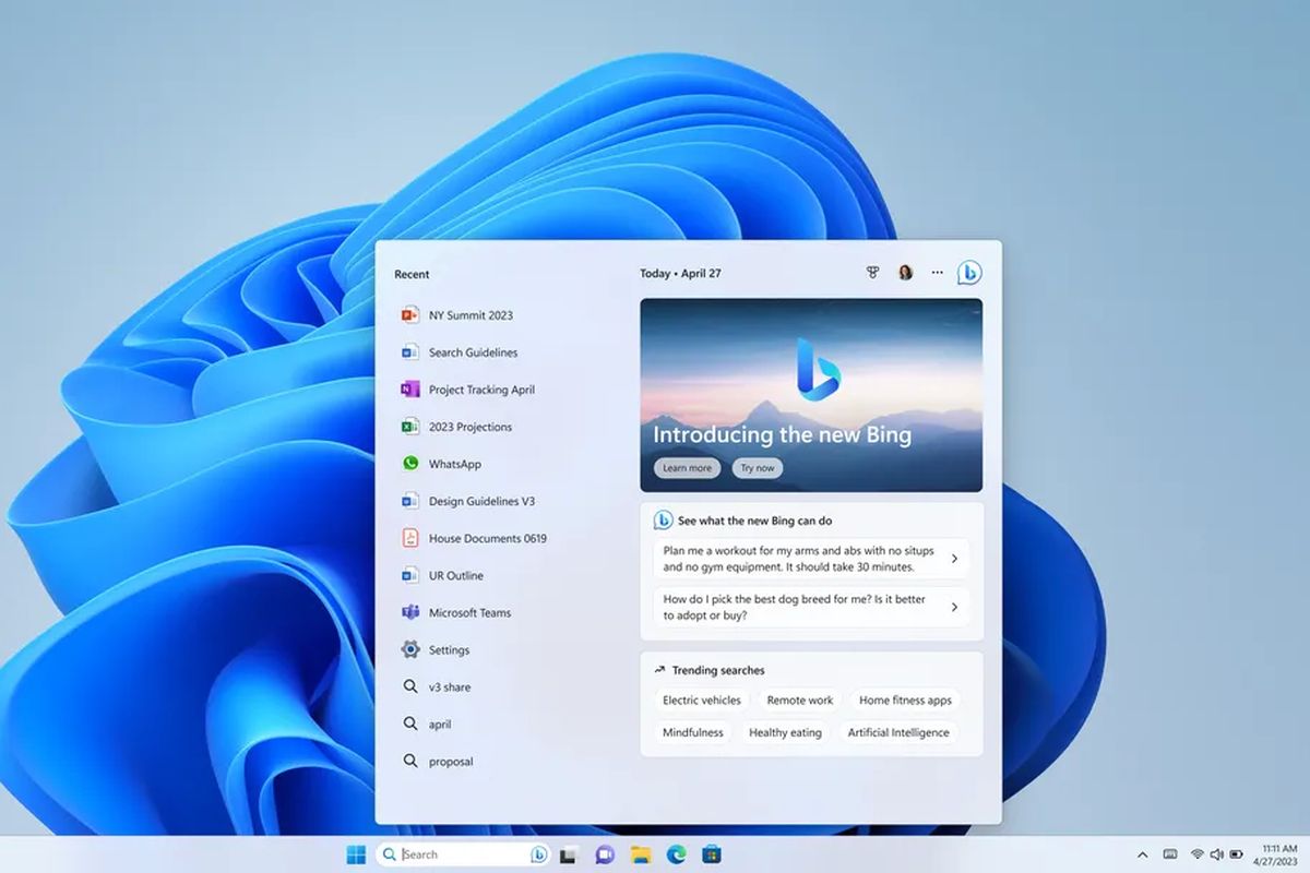 Ilustrasi tampilan Bing yang kini ada di taskbar dan menu Start Windows 11.