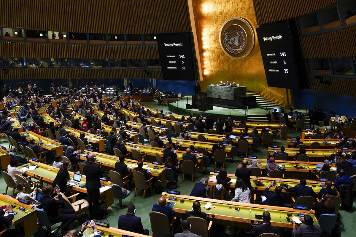 The results of a vote on a resolution concerning the Ukraine are displayed during an emergency meeting of the General Assembly at United Nations headquarters, Wednesday, March 2, 2022. (AP Photo/Seth Wenig)