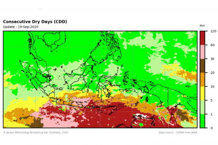 Tangkapan layar peta kondisi hari tanpa hujan juga mengindikasikan udara yang kering dan panas.