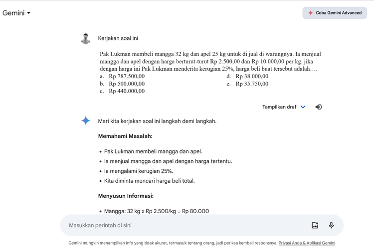 Ilustrasi cara mengerjakan soal matematika dengan Gemini AI.