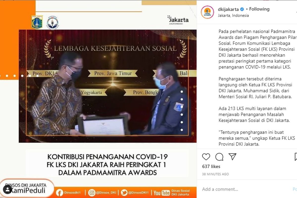 Forum Komunikasi Lembaga Kesejahteraan Sosial (LKS) Provinsi DKI Jakarta meraih penghargaan sebagai peringkat pertama kategori penanganan Covid-19 melalui LKS dari Kementerian Sosial.