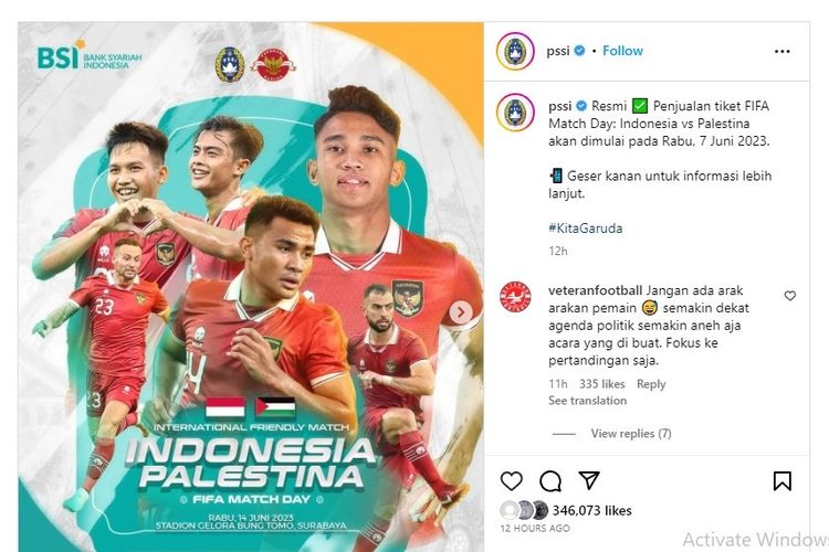 Pengumuman harga tiket Indonesia vs Palestina mulai hari ini, Rabu (7/6/2023).