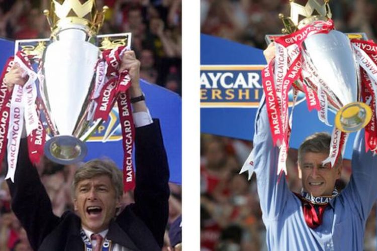 Kiri: Foto dokumen pada 11 Mei 2002, yang memperlihatkan manajer Arsenal, Arsene Wenger, mengangkat trofi Premier League usai menang 4-3 atas tamunya, Everton. (FOTO: AFP/NICOLAS ASFOURI)

Kanan: Foto dokumen pada 15 Mei 2004, ketika manajer Arsenal Arsene Wenger mengangkat trofi Premier League setelah timnya mengalahkan Leichester City di Highbury, London. Ini merupakan gelar terakhir Arsenal karena sampai sekarang mereka belum pernah menjadi juara lagi. (FOTO: AFP/JIM WATSON)