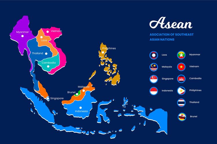 Ilustrasi letak ASEAN secara astronomis dan geografis. Batas-batas negara ASEAN berupa laut dan negara, karena wilayahnya ada yang berupa negara kepulauan seperti Indonesia dan Filipina.