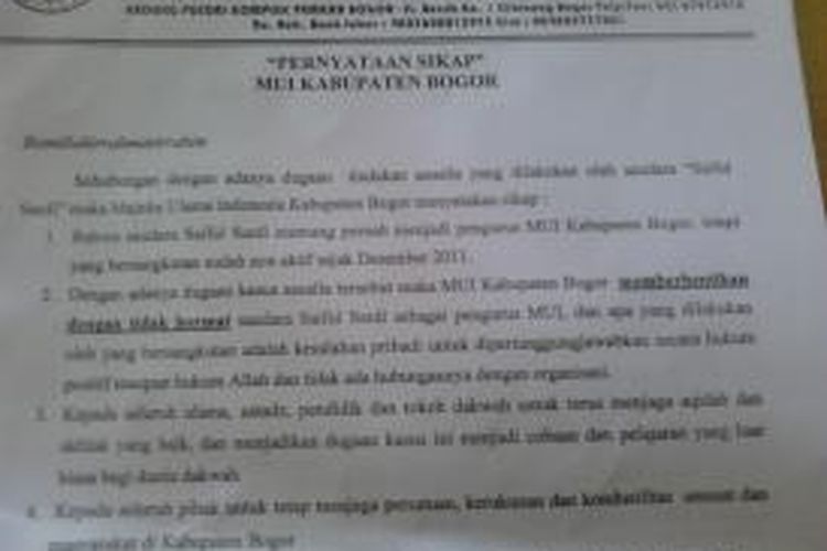 Surat pernyataan sikap Majelis Ulama Indonesia (MUI) Kabupaten Bogor tentang video asusila salah seorang pengurusnya.