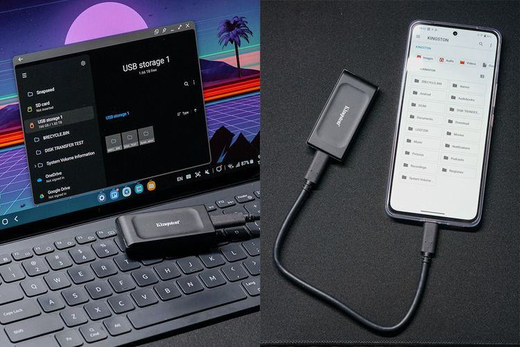 Dengan file system exFAT dan kabel USB C ke USB C, SSD eksternal Kingston XS1000 bisa digunakan di ponsel maupun tablet