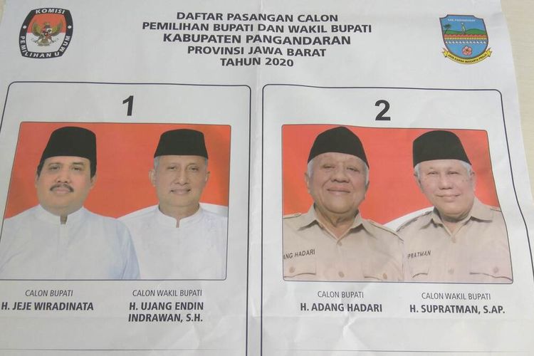 Daftar pasangan calon Bupati dan Wakil Bupati Pangandaran. Nomor urut satu, Jeje Wiradinata-Ujang Endin. Sedangkan nomor urut dua, Adang Hadari-Supratman.