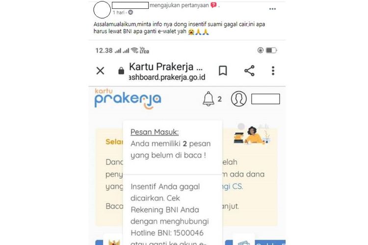 Tangkapan layar unggahan soal insentif Prakerja yang gagal cair.