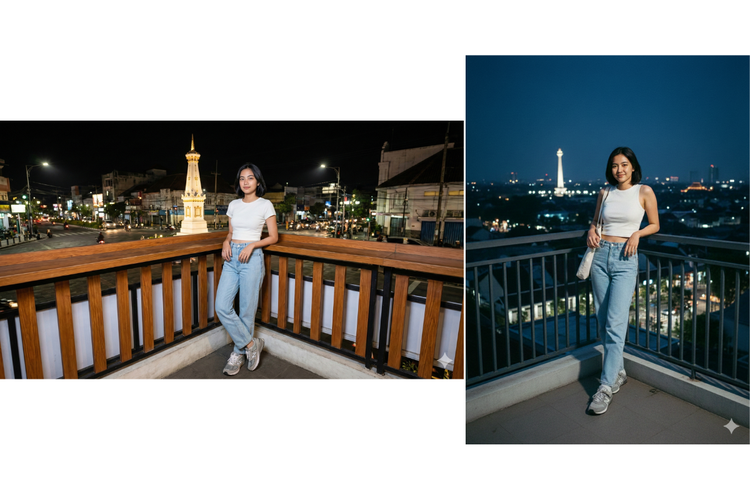 Perbandingan foto dengan konteks tempat dan rasio dari Nano Banana Pro (kanan) dan Nano Banana (kiri).