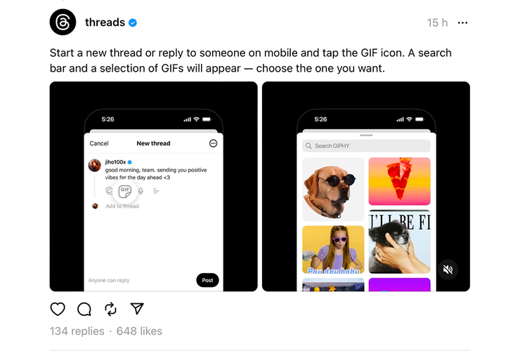 Akun resmi Threads (@threads) mengumumkan fitur baru yang memungkinkan pengguna posting GIF