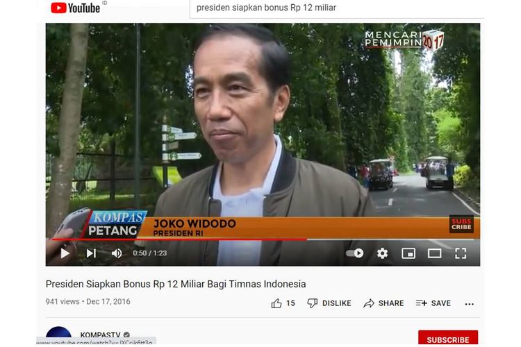 Tangkapan layar Youtube Kompas TV tentang Jokowi akan memberi bonus Rp 12 miliar untuk Timnas Indonesia