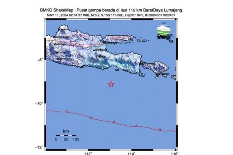 Peta pusat gempa bumi berkekuatan 5,2 magnitudo di Kabupaten Lumajang, Jawa Timur (Jatim), Sabtu (11/5/2024) sekitar pukul 02.34 WIB. 