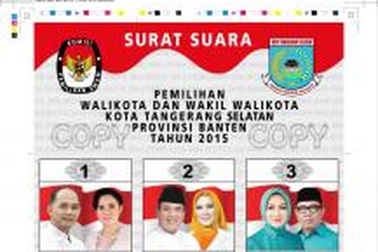 Tampak desain surat suara resmi yang akan digunakan dalam pilkada di Tangerang Selatan, 9 Desember 2015 mendatang.
