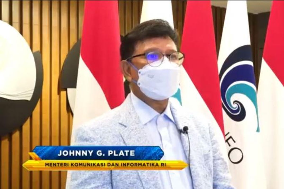 Menteri Komunikasi dan Informatika Johnny G Plate saat memberikan sambutan dalam IGDX 2021 Conference. 