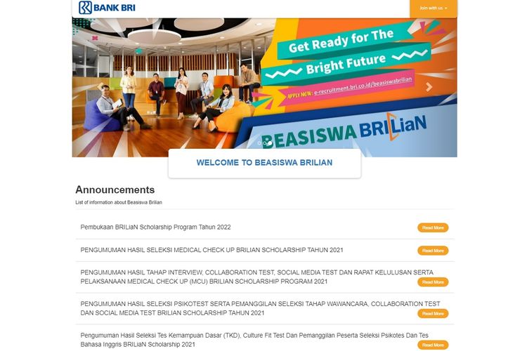 Pendaftaran program beasiswa BRI 2022.