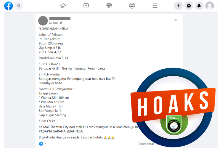 Tangkapan layar unggahan dengan narasi hoaks di sebuah akun Facebook, Kamis (11/5/2023), soal informasi lowongan kerja PLO dan PLH Transjakarta.