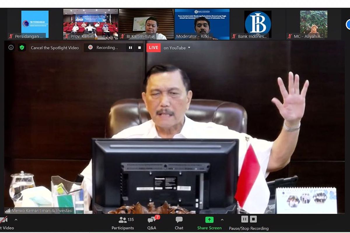 Menko Bidang Kemaritiman dan Investasi Luhut Binsar Pandjaitan menjadi pembicara dalan webinar virtual Diseminasi Laporan Perekonomian Provinsi (LPP) Kaltim Periode Mei 2020, Jakarta, Jumat (10/7/2020).
