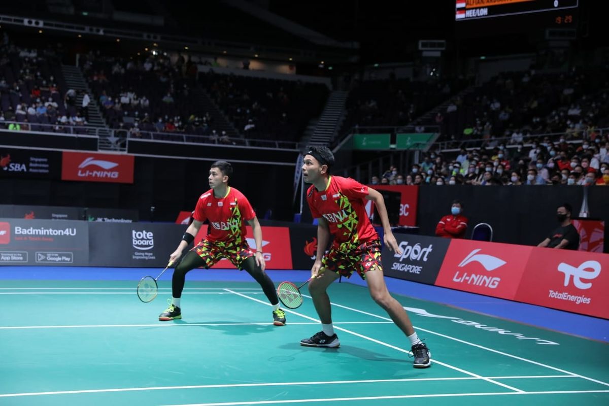 Ganda putra Indonesia Fajar Alfian/Muhammad Rian saat beraksi pada Singapore Open 2022 yang berlangsung dari 12 Juli hingga 17 Juli 2022.