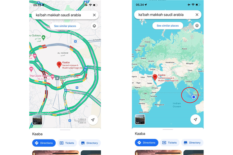 Ilustrasi cara menentukan arah kiblat dengan Google Maps.